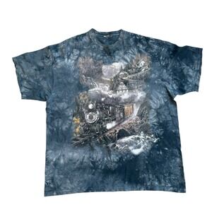 Vintage 1998 The Mountain Train Tie Dye TShirt Ted Blaylock Steam Engine Blue XL